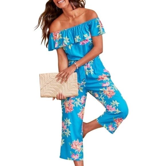 Tommy Bahama Cropped Romper Jumpsuit Sun Lilies Floral Azure Blue Ruffles M-L - Picture 9 of 12
